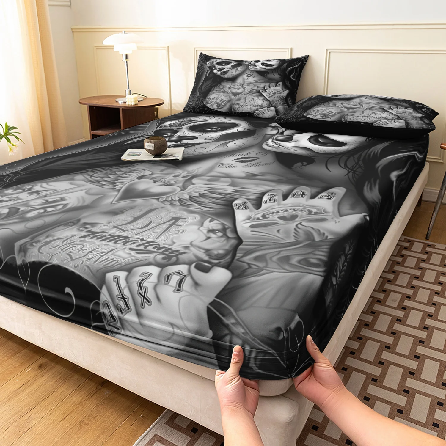 3Pcs Gothic Tattoo Skull Girl Bedding Set,Black Grey Skeleton Print Fitted Sheet Set, For All Season Home Family Dormitory Hotel