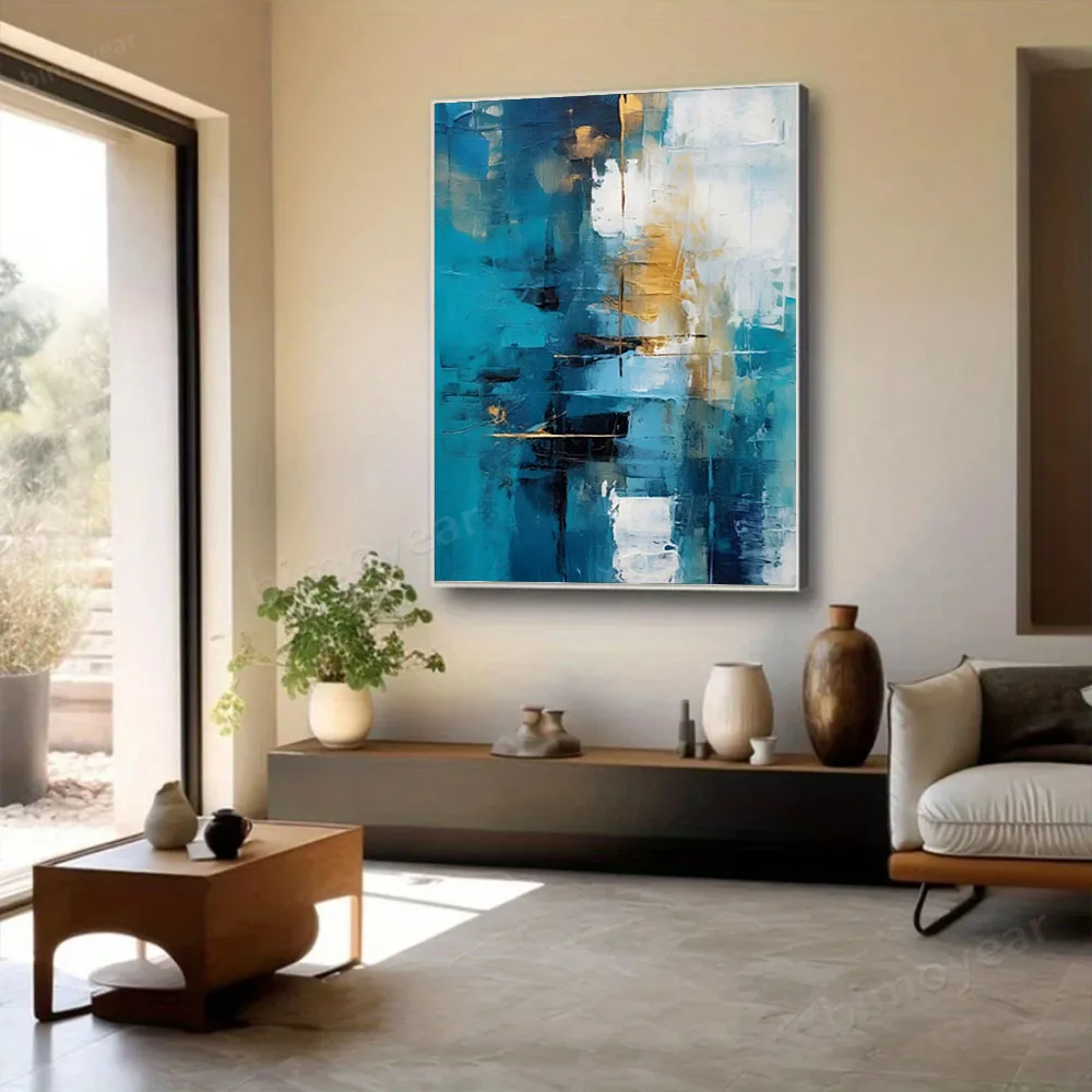 

100% hand drawn blue and white abstract oil painting original wall painting home living room decoration paint interior aesthetic