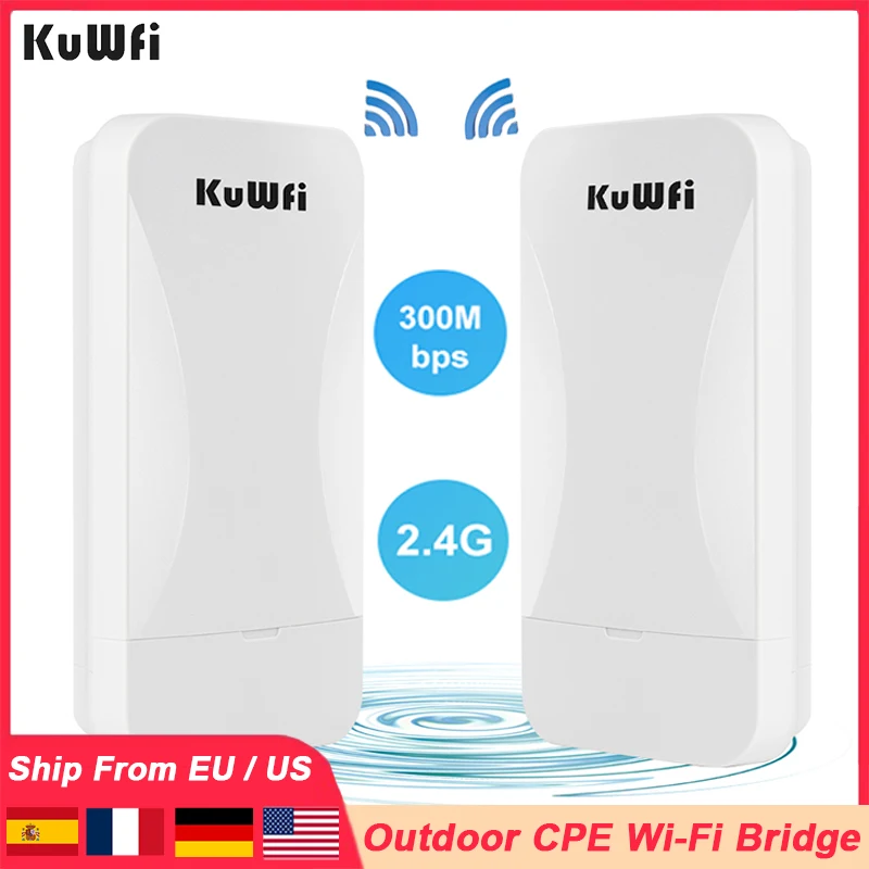 KuWFi 2.4G WiFi Bridge 300Mbps Outdoor CPE Router AP Repeater Mode WiFi Signal Extender Bridge IP65 Support 24V POE WAN LAN Port