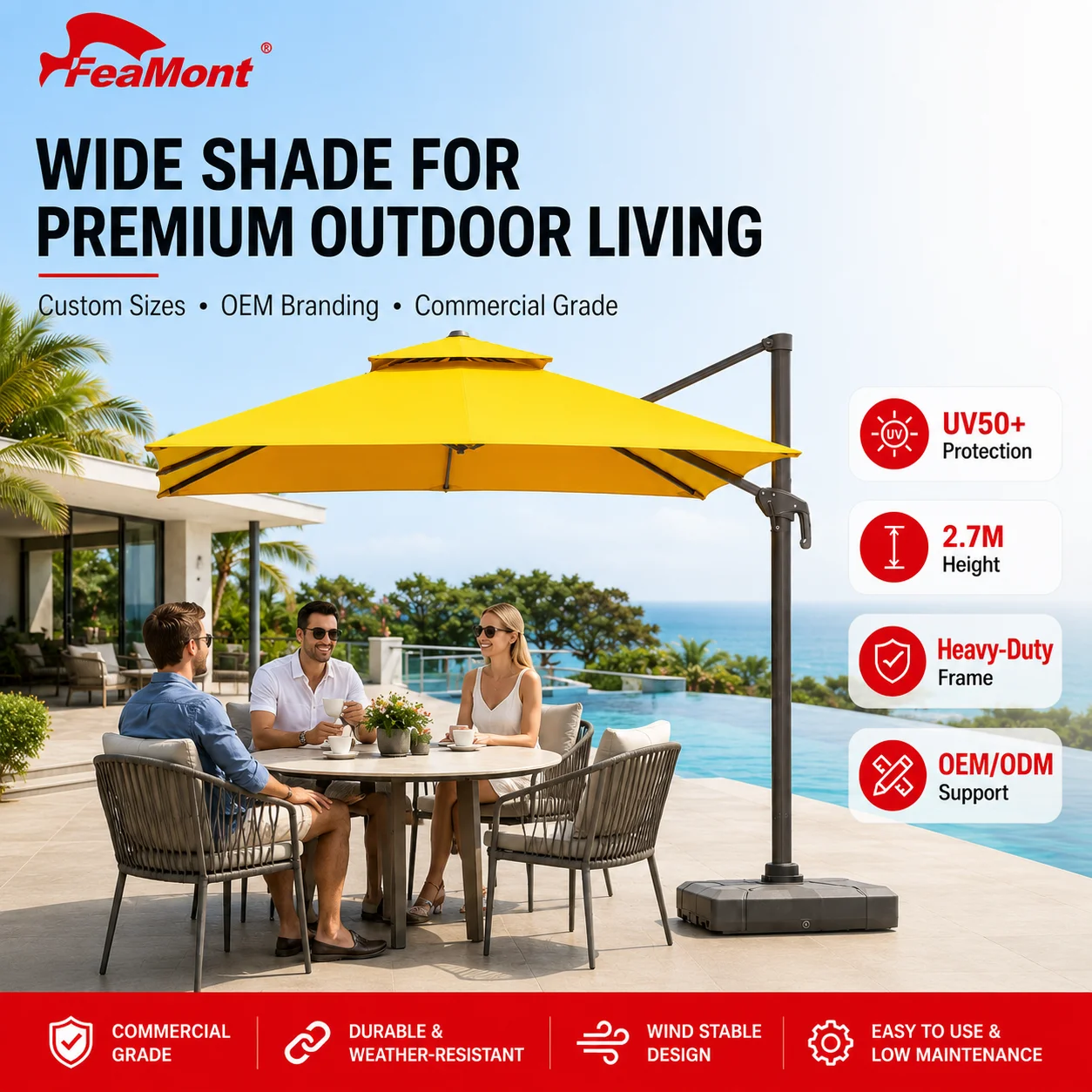 FEAMONT Easy Operation Crank Lift Cantilever Umbrella Double Tier Offset Patio Umbrella For Senior Living Outdoor Space
