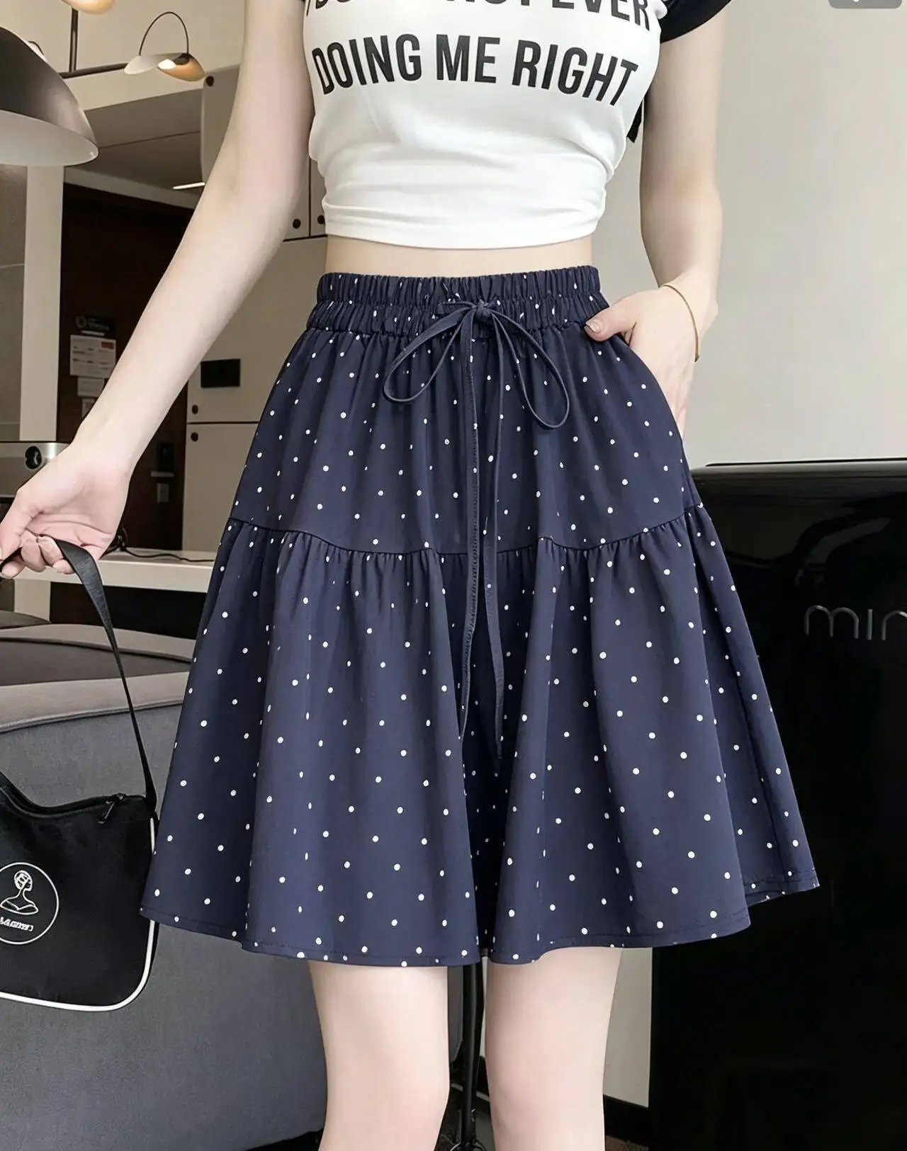 Long Shorts Black Polka Dot Bubble Hem A-Line Skort for Women Summer Lightweight Ice Silk Relaxed Casual Knee-Length Shorts