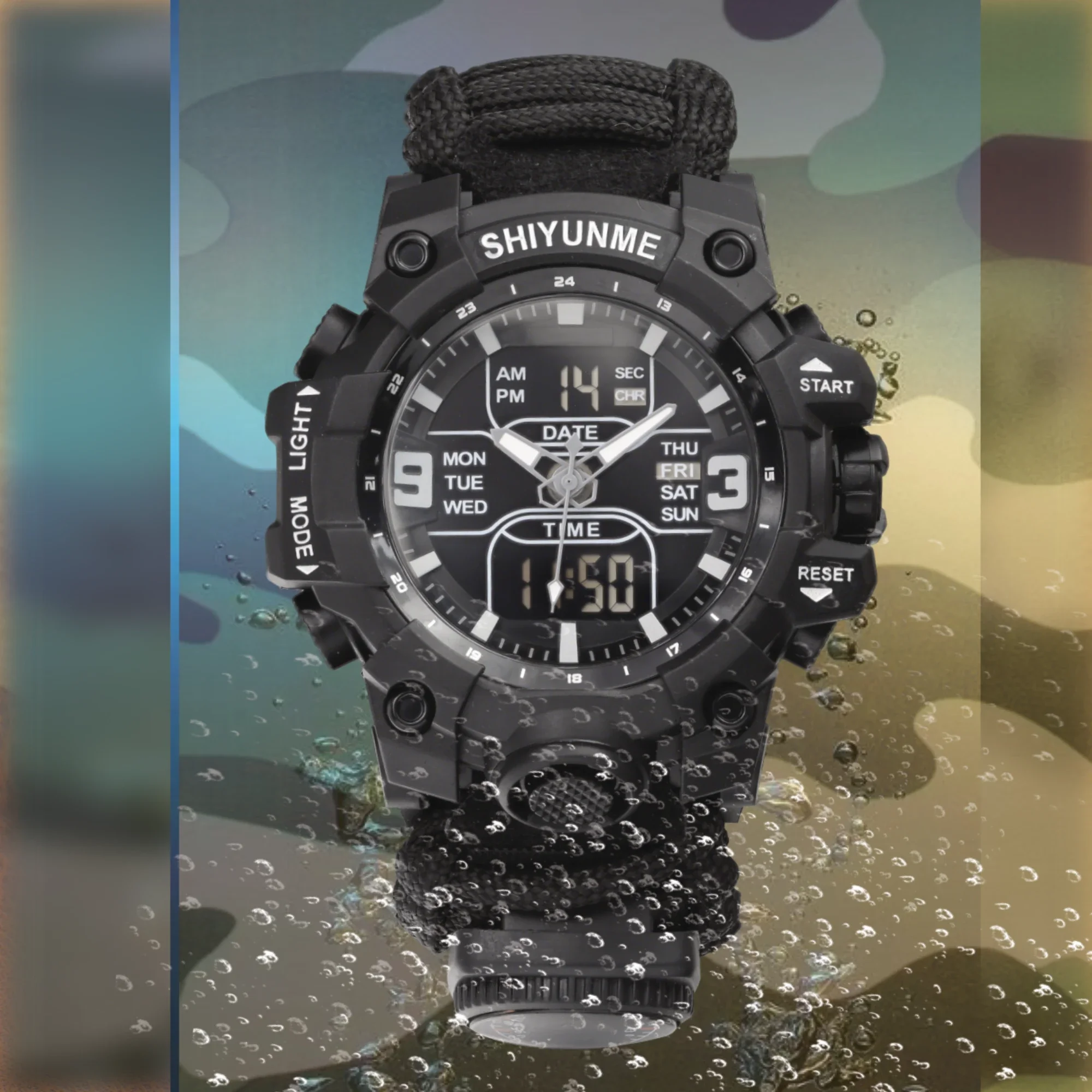 SHIYUNME Outdoor Survival Men Watch Compass Thermometer Quartz Watch Multifunctional Waterproof Military Tactical Paracord Watch
