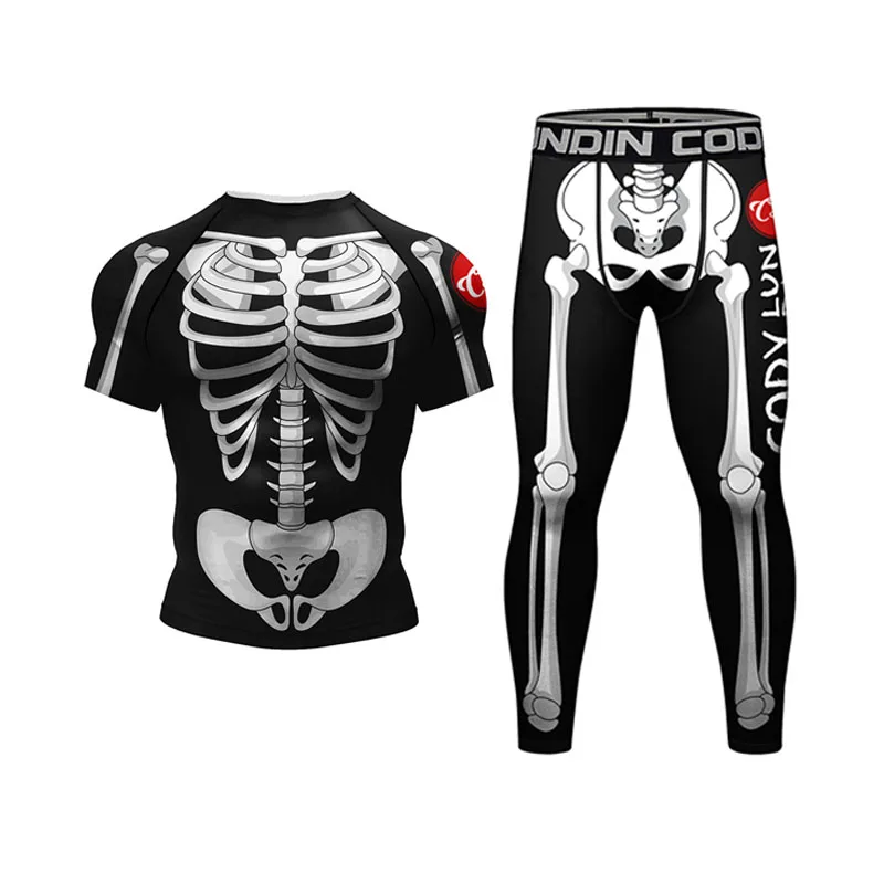 New Skull Kimono Jiu Jitsu Rashguard MMA Compression T-shirt+Shorts Sets Men\'s Rash Guard Sports Suit Bjj Gi Kickoxing Jerseys