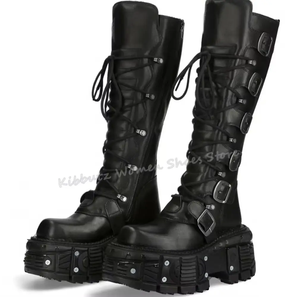 

Belt Buckle Motorcycle Boots Knee High Rock Punk Round Toe Thick Bottom Genuine Leather Solid Color Fashion Sexy Women Shoes New