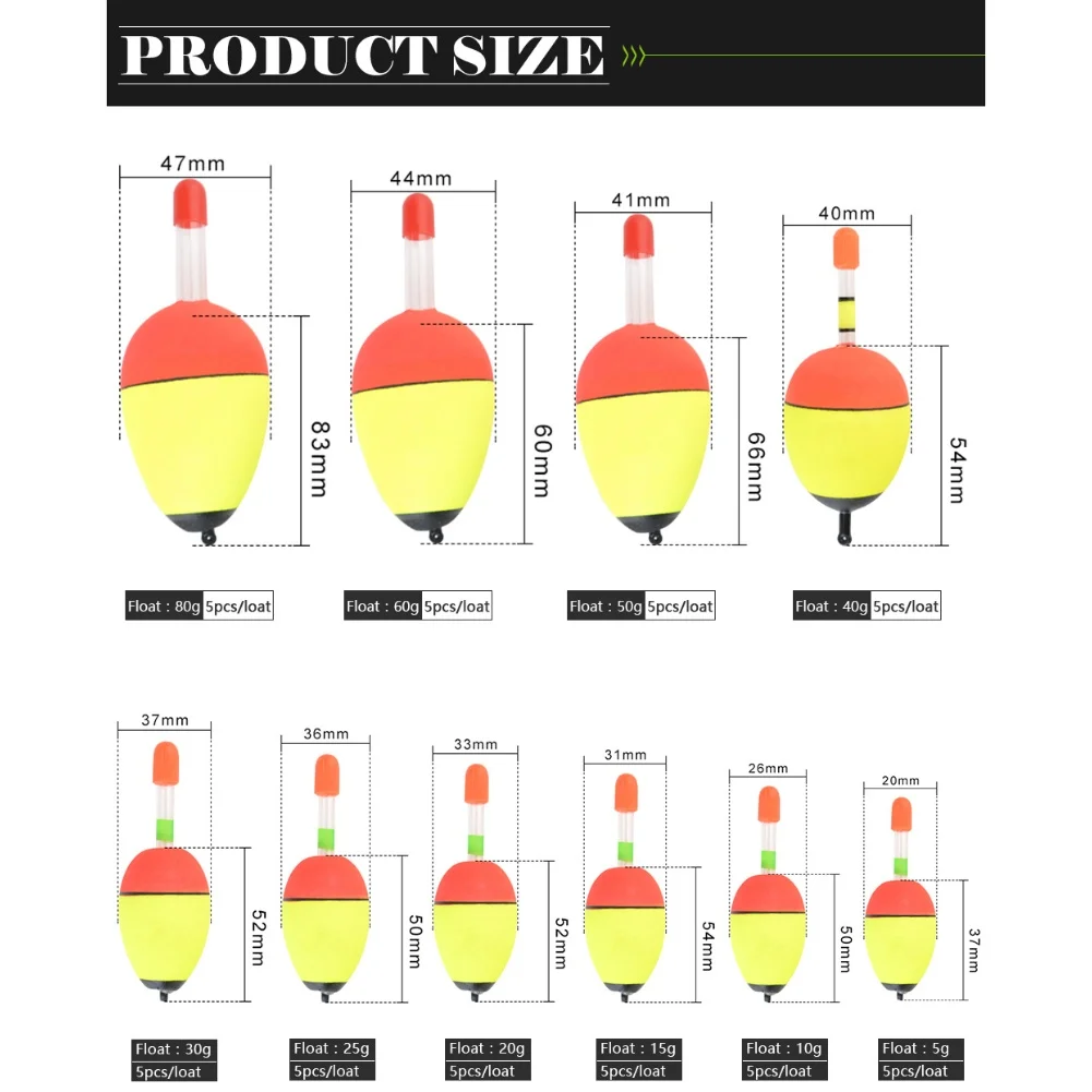 

For Fishing Enthusiasts EVA Fishing Floats Multiple Weights Lightweight Sensitive Bobbers Yellow 5pcs/Set EVA Foam