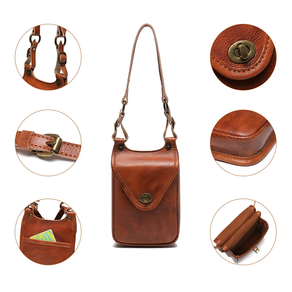 Women's Bags European And American Retro First Layer Cowhide Mobile Phone Bag Women's Leather Shoulder Bag Messenger Bag Handbag