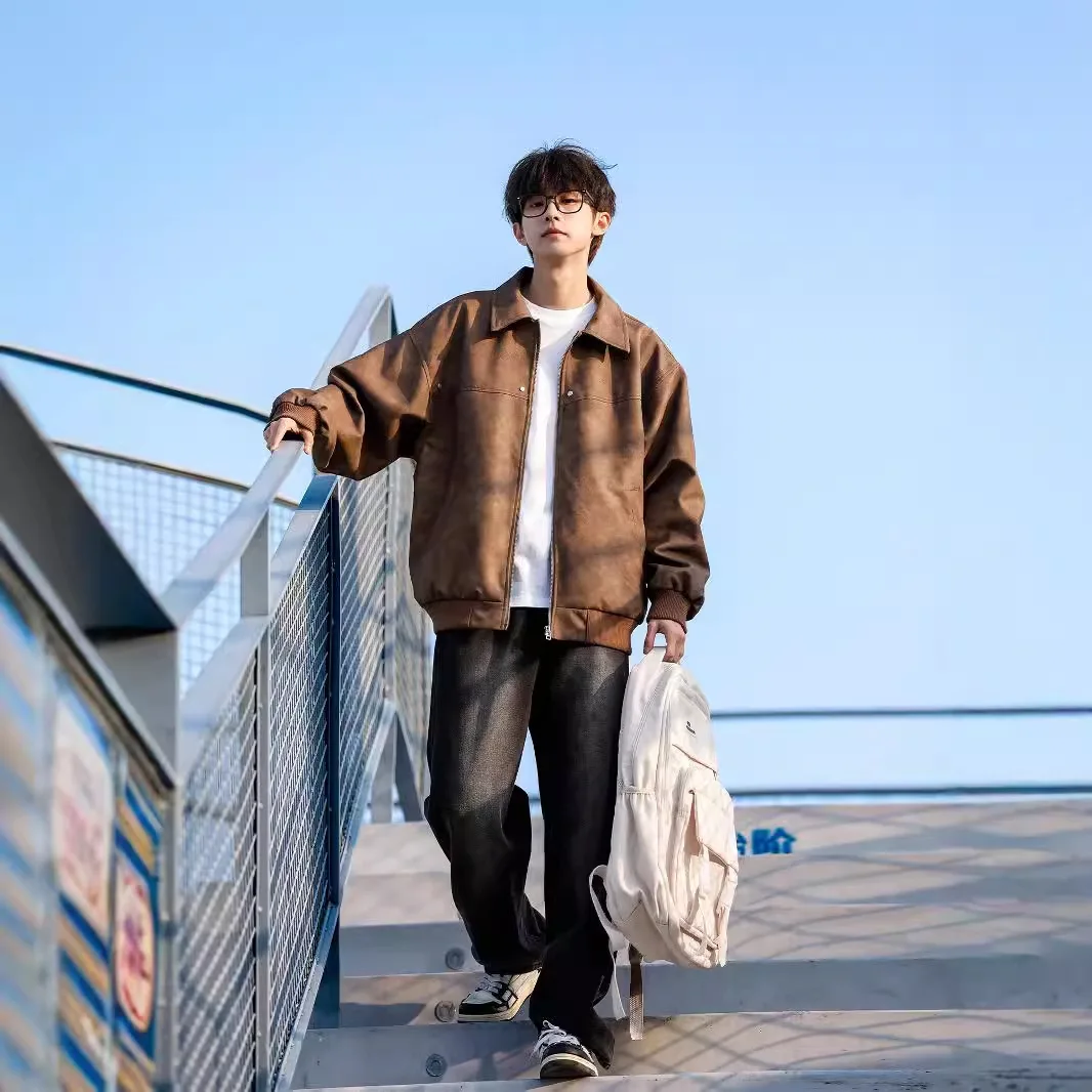 

Куртка унисекс 2024, многосезонная куртка Maillard, коричневая куртка из искусственной кожи, мужская модная байкерская куртка с воротником в стиле ретро