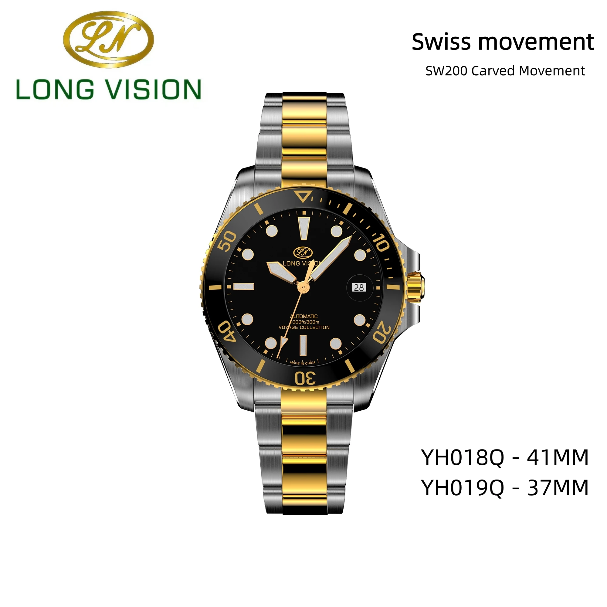 Long Vision Luxury Men Diver Mechanical Watch, Sellita SW200 Carved Automatic Movement Swiss Luminous Business Formal Wristwatch