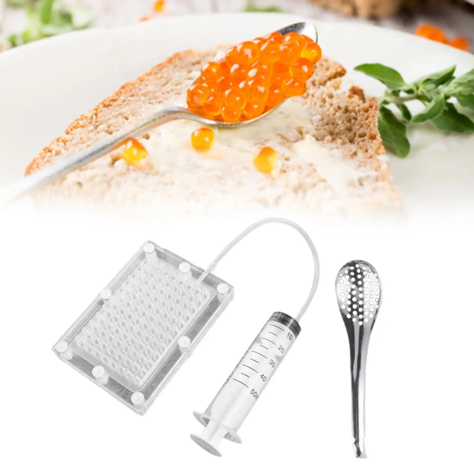 96-Hole Molecular Gastronomy Maker Gourmet Fish Roe Strainer Filter Spherification Dropper with Tube & Spoon Kit