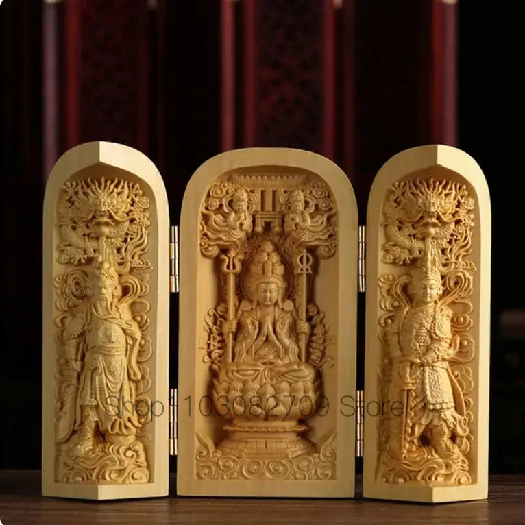 Boxwood Wood Carved Decor Three Open Box Guanyin Guan Yu Ksitigarbha Three Holy Buddhas Craft Home Decoration Ornament Statue