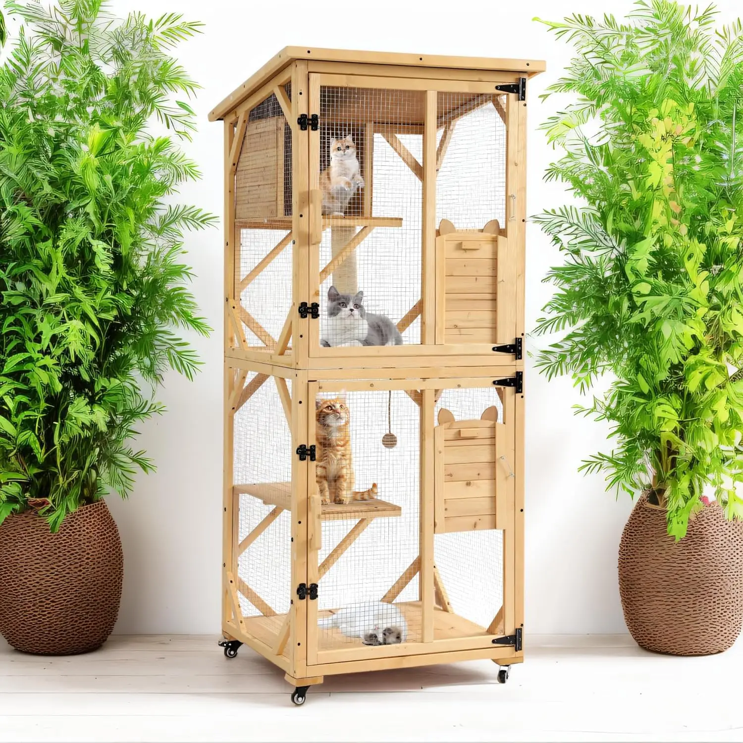 

71 "H Cat Catio Открытое окно для кошек, 4-х ярусная клетка для кошачьего деревянного дома на колесах, большие коти для кошек в помещении, патио