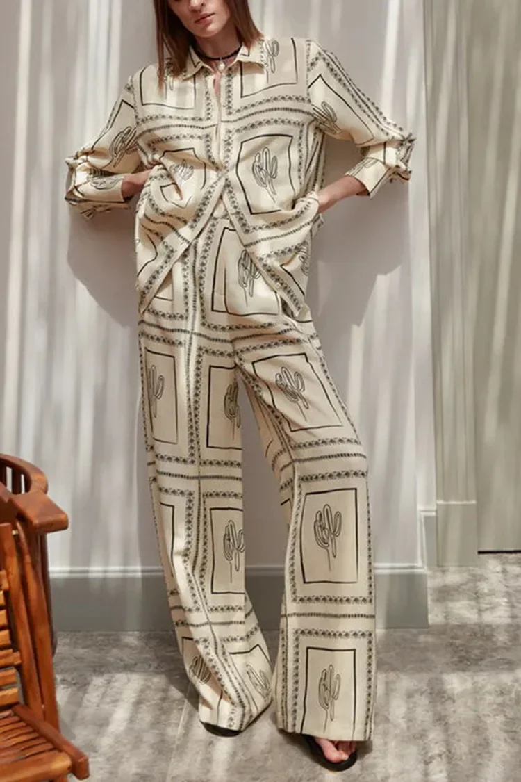Women's Printed Shirt & Wide-Leg Pants Set - usage example