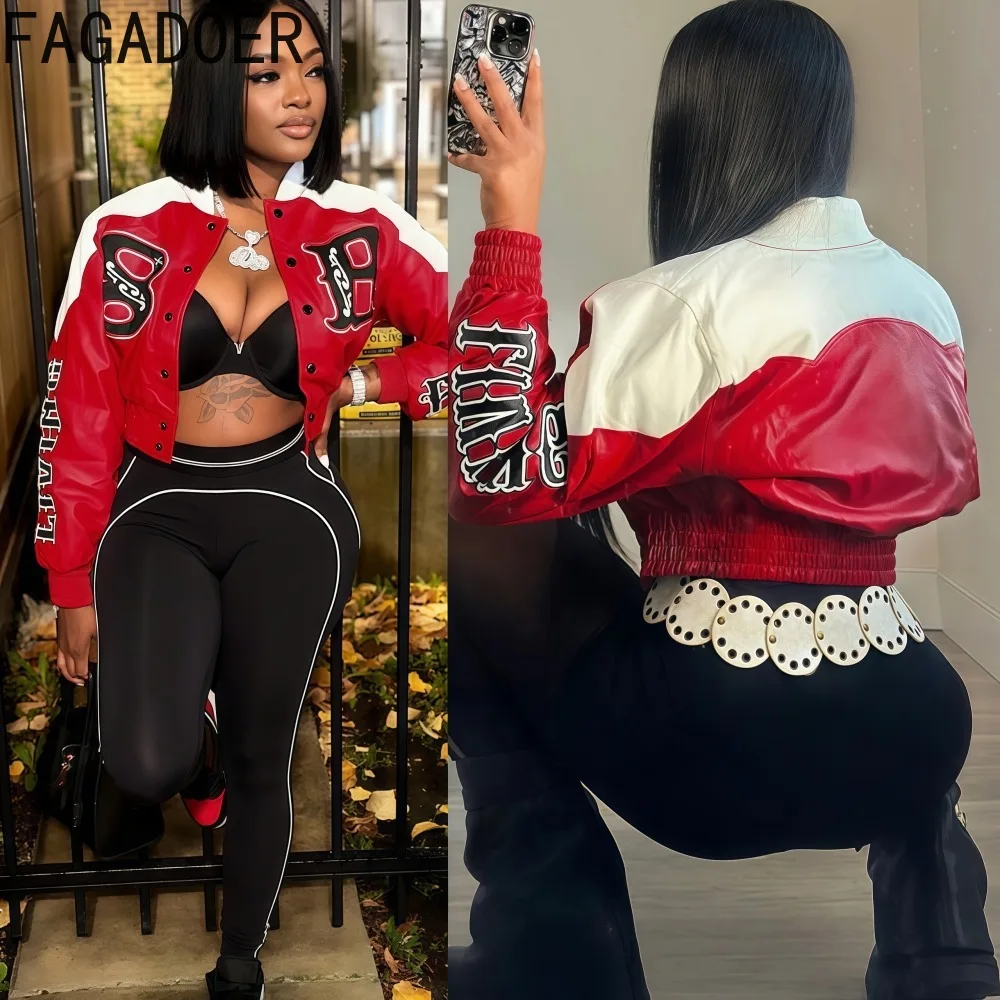 FAGADOER Fashion Letter Print Leather Patchwork Coat Jacket Women Moto Zipper Long Sleeve Bodycon Crop Top Female Streetwear New
