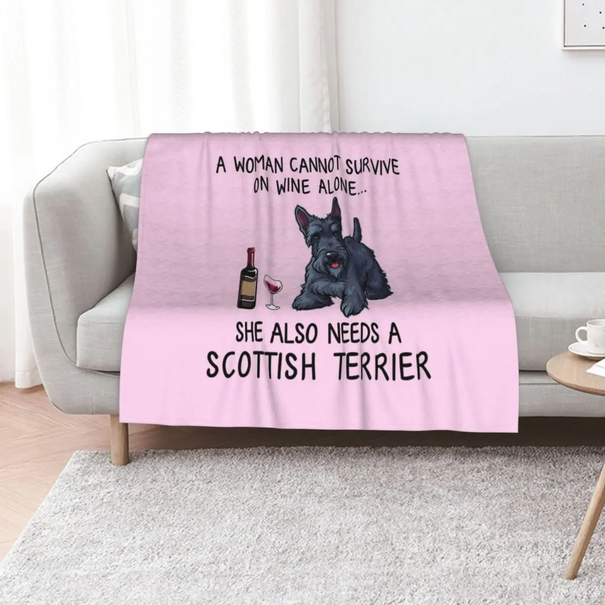 Scottish Terrier and wine Funny gift for dog mom Throw Blanket Cute Luxury Large Softest Blankets