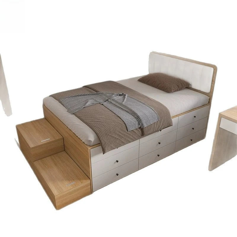 Solid wood high box bed with ladder cabinet, all solid wood frame, small apartment room storage bed