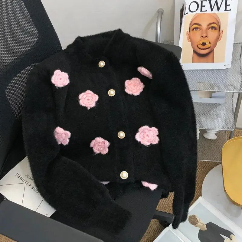 2024 Korean style French retro  three-dimensional flower embroidery  imitation mink fur sweater cardigan women's coat winter