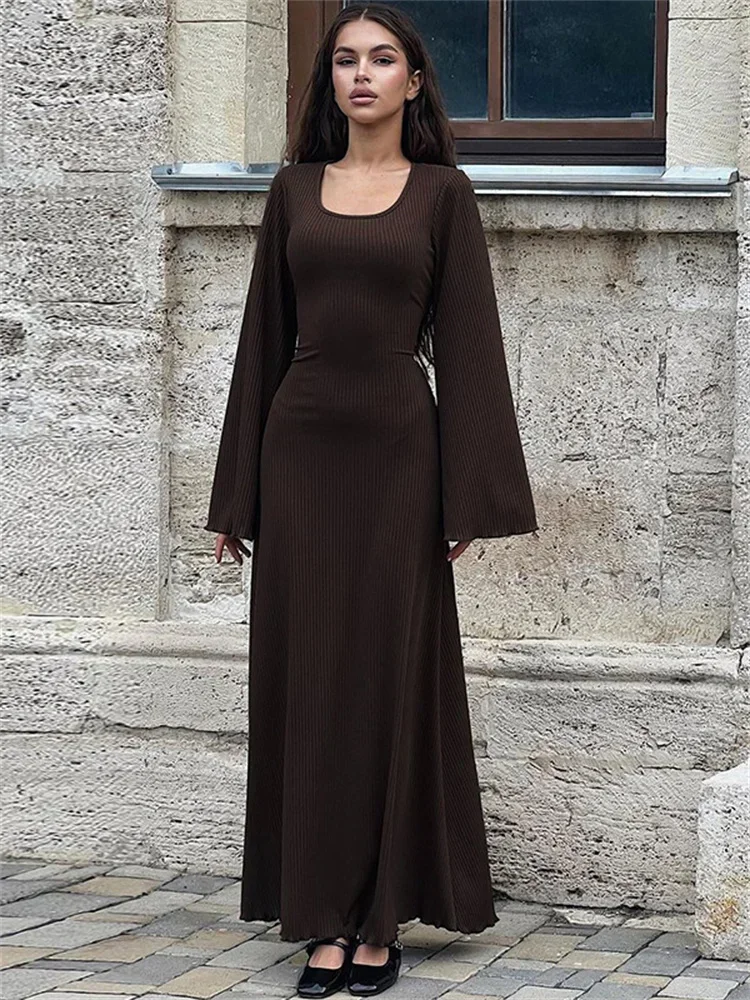 Tossy Scoop Neck Lace-Up Ribbed Maxi Dress Female Long Sleeve Fashion Slim  Loose Bandage Dress Autumn 2023 Solid Women Dress New - AliExpress 200000345