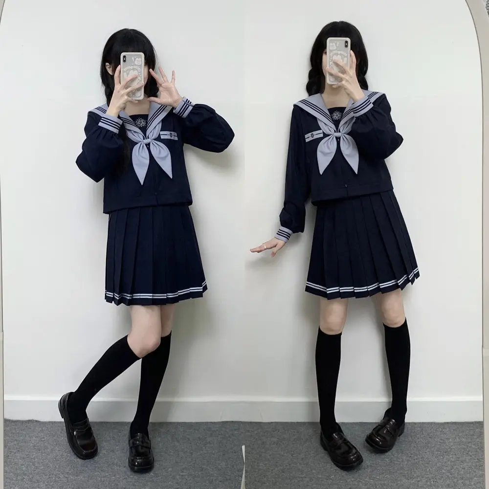 Trajes de marinero azul marino Jk básicos de tres líneas, uniformes japoneses para niñas, ropa de graduación, Falda plisada, disfraces de Anime Cos para mujer