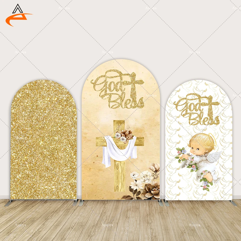 God Bless Arch Backdrop Cover Baptism Party Decor Cross First Holy Communion Banner Gold Baby Shower Background