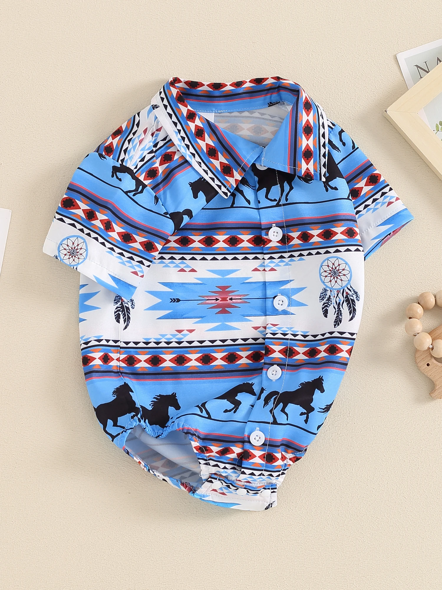 Baby Boy Romper Short Sleeve Button-down Horse Boots Print Summer Bodysuit Clothes for Casual Daily