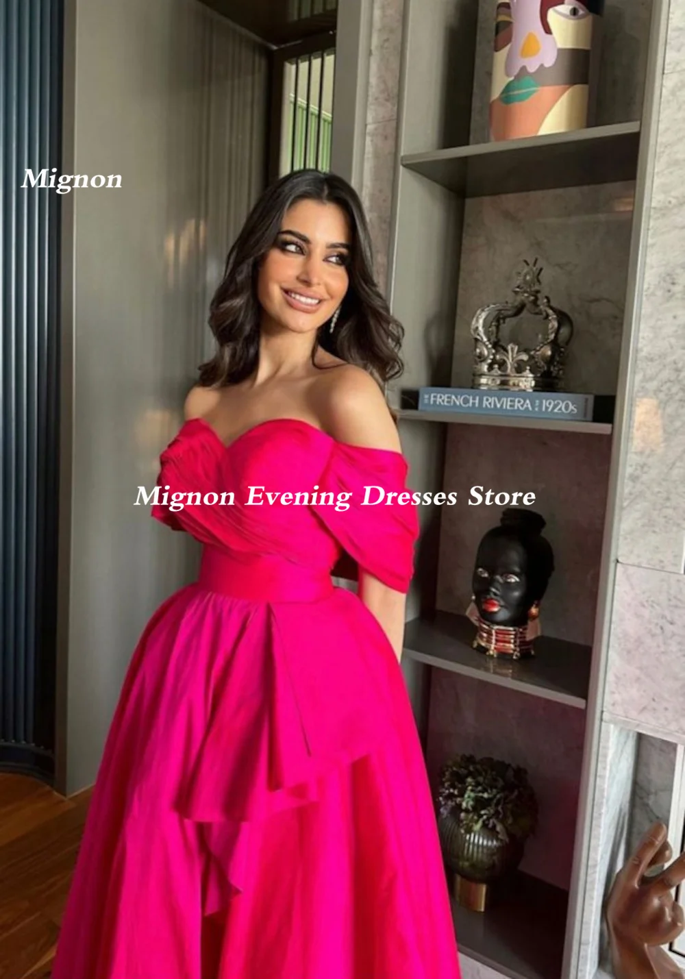 Mignon Satin A-line Prom Gown Off-the-shoulder Neckline Evening Ruffle Formal Floor-length Elegant Party Dresses for Women 2023