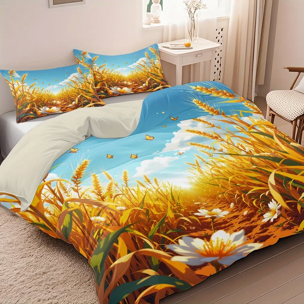 

3pcs Golden Rice Grain Printed Quilt Set- Includes 1 Quilt Cover and 2 Pillow Cover (without Filler)
