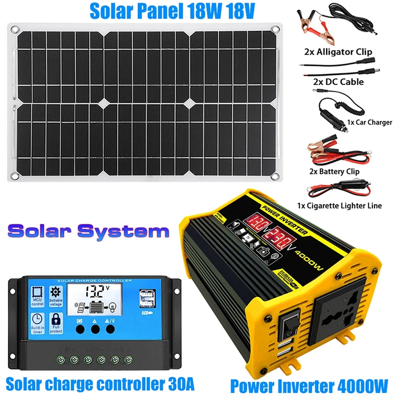 

4000W DC 12V to AC 110V 220V Inverter LED Display 18W18V Solar Panel 30A Charge Controller Emergency Solar Power Generator Kit