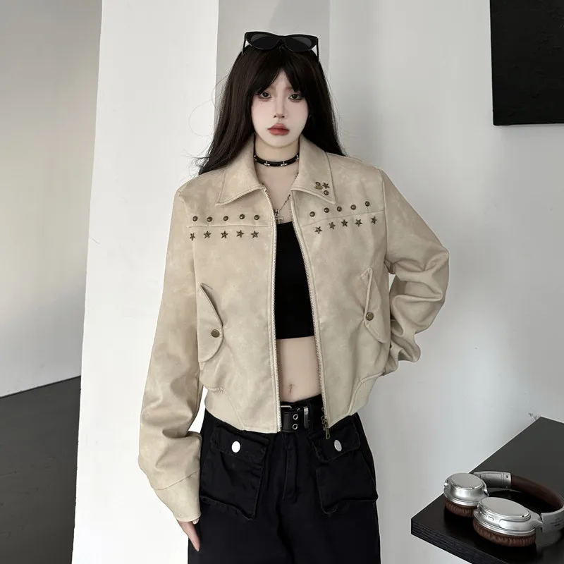 Korean Chic Spring Retro PU Leather Jacket Metal Buttons Loose Long-sleeved Short Coat Women Simple O Neck Streetwear Tops