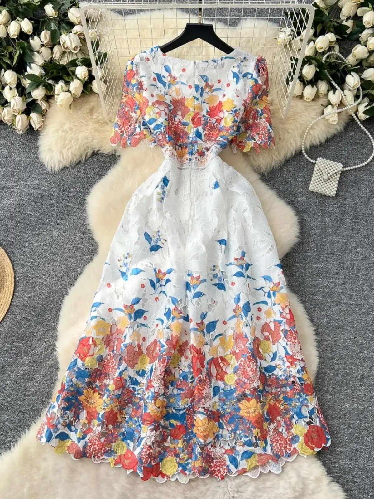 Elegant Flower Embroidery Hollow Out Lace Evening Dresses Women Summer Short Sleeve Princess Retro Midi Long Party Dress Gradien