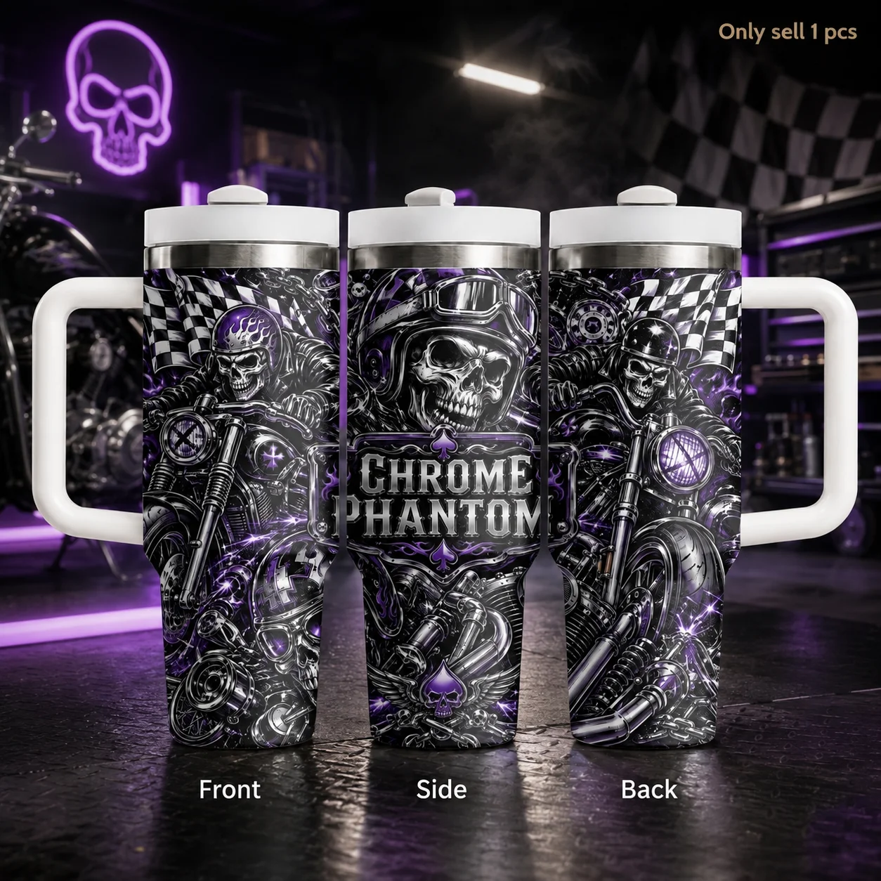 Skeleton Motorcycle Race Vacuum Flasks 40oz Stainless Steel Travel Tumbler with Handle Straw Lid Double Wall Vacuum Insulated