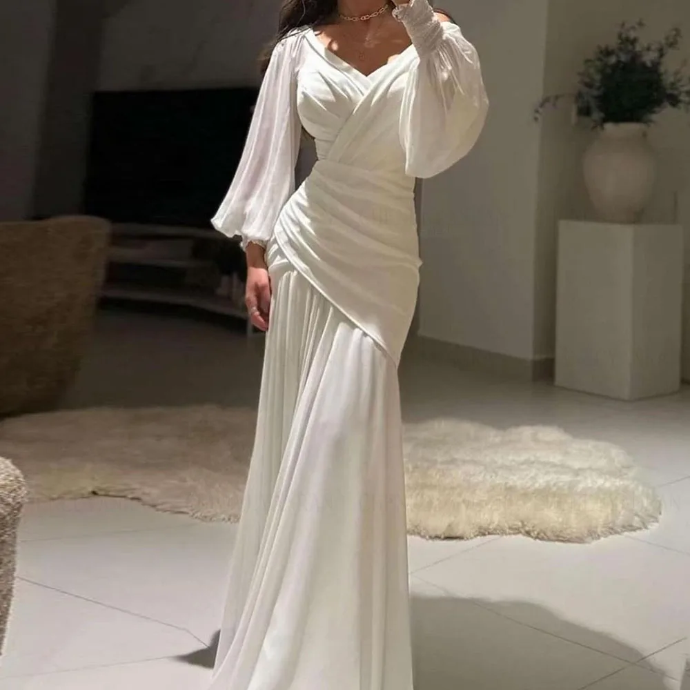 Chiffon Pleat Formal Occasion Dresses 2023 V-Neck Full Sleeves Long Party Dress Mermaid Ivory Evening Gowns فساتين مناسبة رسمية