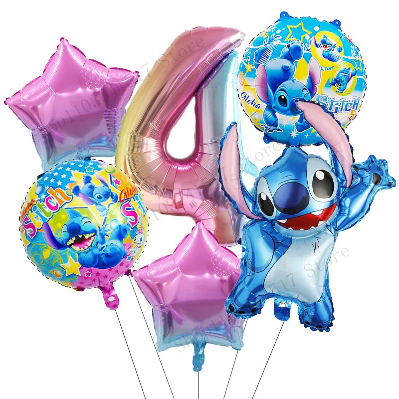 6pcs Disney Lilo & Stitch Balloons Number Balloon Set Cartoon Stitch Angel Birthday Party Decorations Baby Shower Kids Toy Gifts