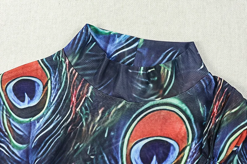 فستان نسائي طويل مطبوع عليه شبكة شفافة للحفلات بياقة مدورة وأكمام طويلة ملابس نوادي ليلية رفيعة لحفلات أعياد الميلاد رداء طويل #5