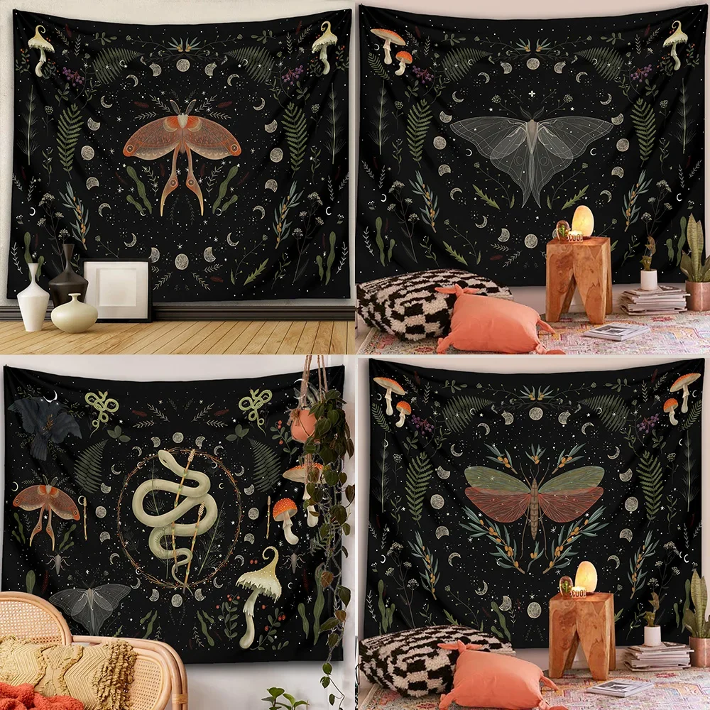 Moon Tapestry Wall Hanging Moth Botanical Witchy moon Phase Aesthetic Moon Goddess Living Room Dorm Decor Mushroom