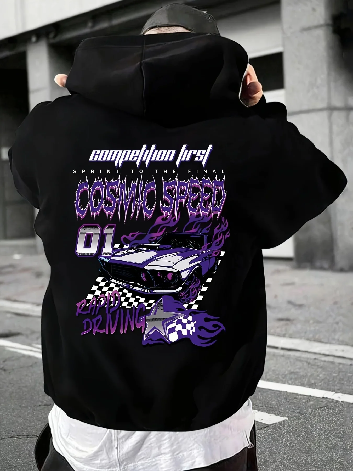 Cosmic Speed Retro Muscle Racing Car Back Print Hoodie Competition First Flame Checkered Flag Hip Hop Pullover Unisex Oversized