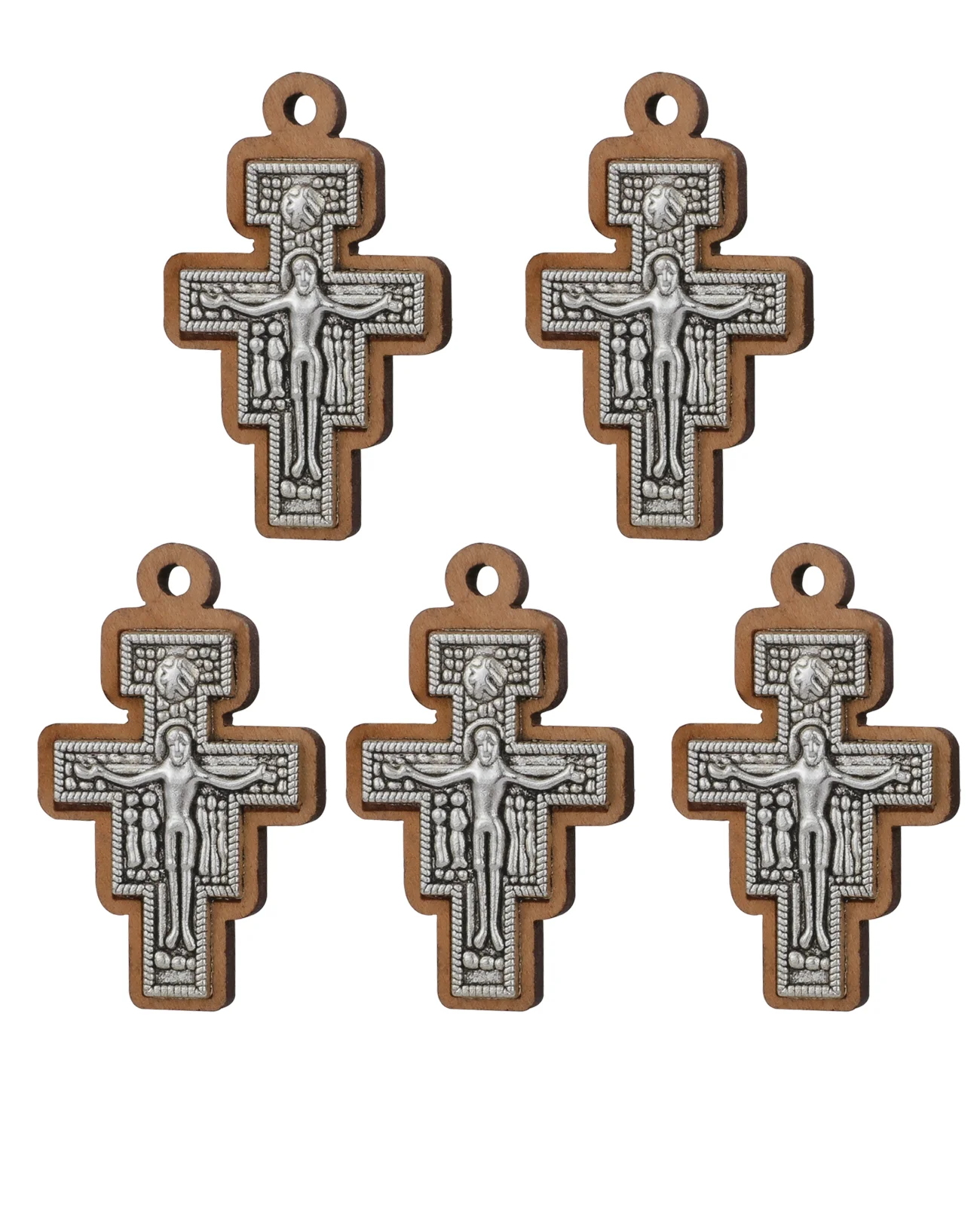 Diyalo 5Pcs Wooden Engraved Jerusalem San Damiano Tau Cros Pendants Orthodox Crucifix Jesus Cross DIY Making Necklace Jewelry