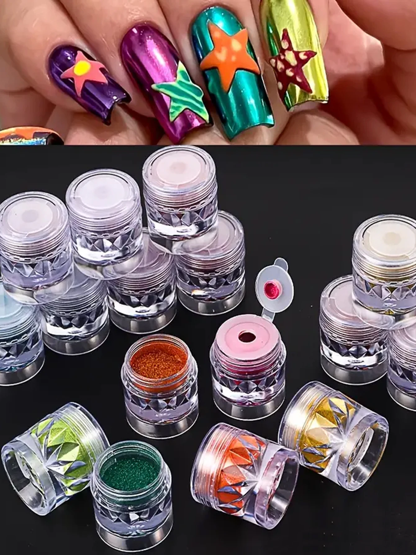 24 pçs garrafa de diamante alto espelho mágico em pó metal cromo espelho mágico fluorescente prego em pó multi-função multi-efeito imersão