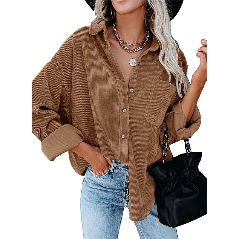 Autumn And Winter Women\'s Shirt Single Breasted Oversized Loose Solid Color Casual Warm Corduroy Shirt For Women