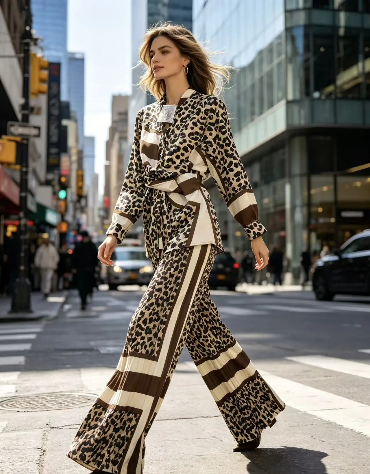 Women Zebra Stripe Printed Two Piece Outfit Lapel Long Sleeve Belted Shirt High Waist Wide Leg Pants Elegant Casual Office Suit