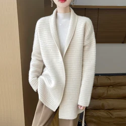 Autumn Winter New 100% Merino Wool Cardigan Women's Mid to Long Thick Sweater Jacket Fashionable Korean Knitted Large Size Tops