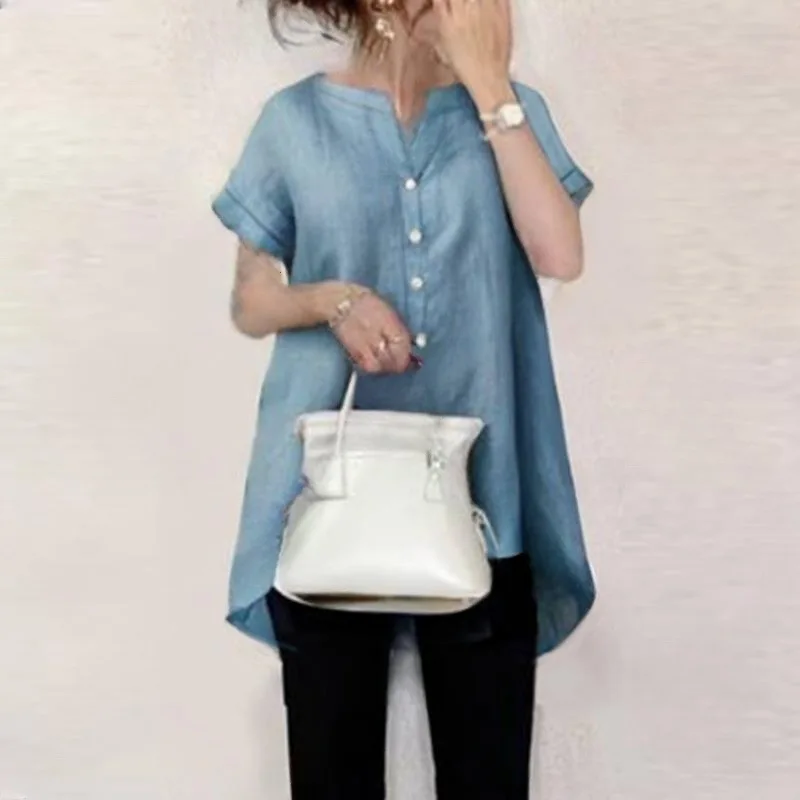 2025 여름 신작 라운드 브이넥 싱글 브레스트 반팔 탑