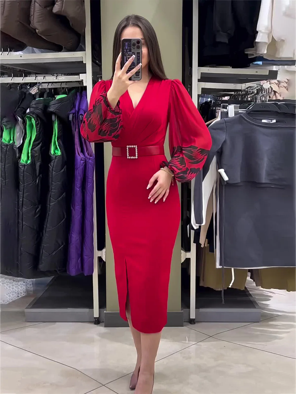 

2024 new fashion women's V-neck long sleeve slim slit dress