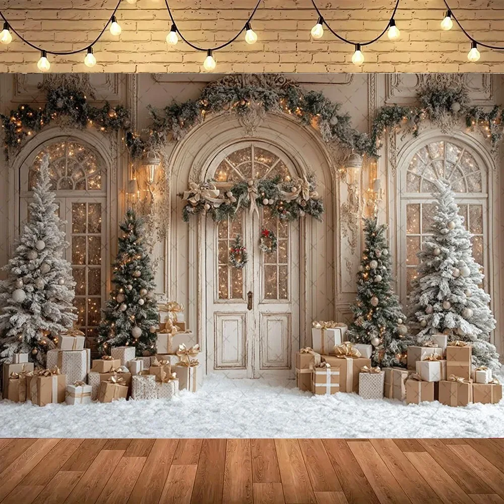 

Christmas front door beige arch photography Backdrop, Christmas tree children's family portrait decoration Backdrop photography