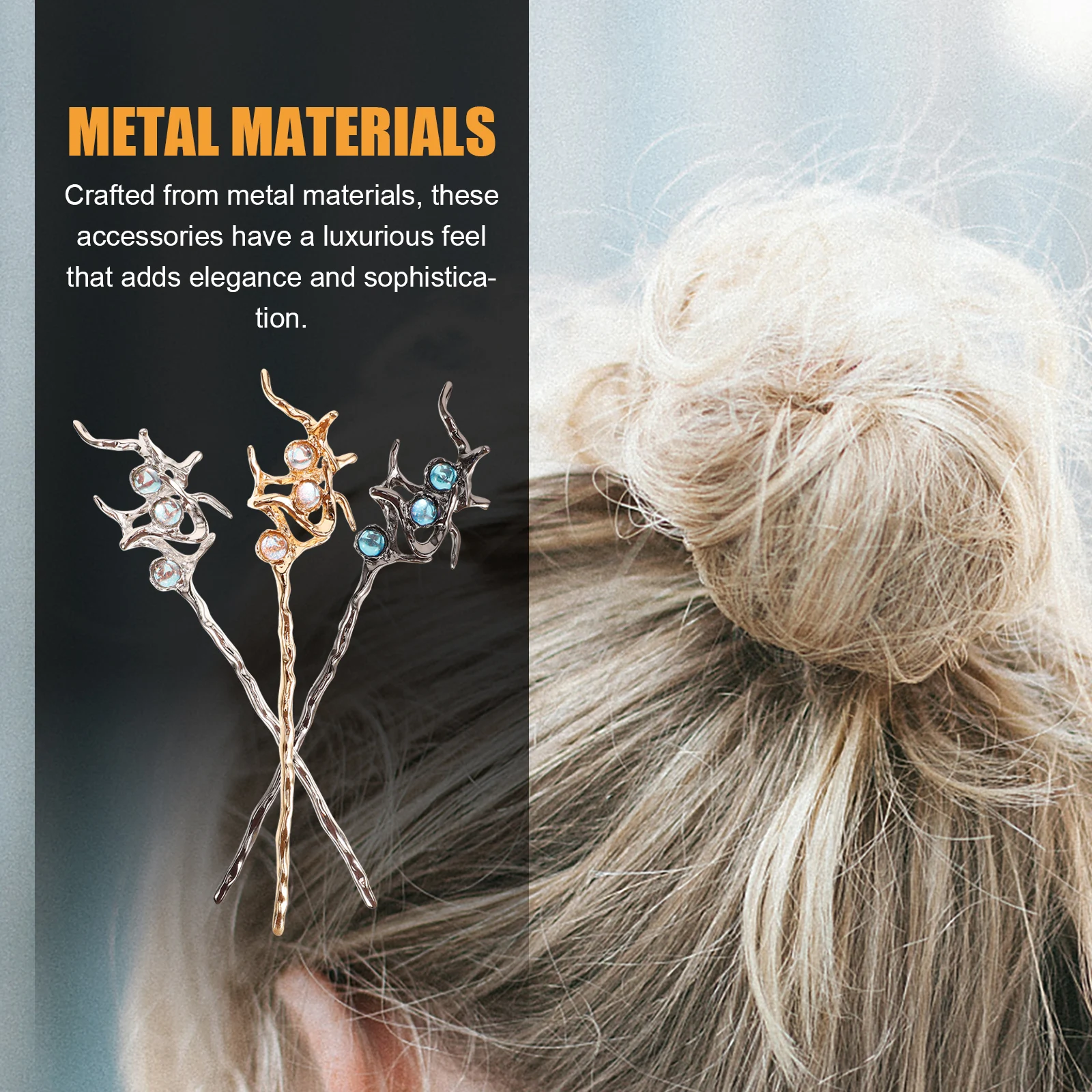 

3pcs Hairpins Vintage Alloy Sticks Gemstone Decor Elegant Chinese Jewelry For Women Wedding Formal Events Bun Accessories Long