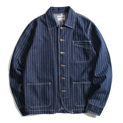 Heavyweight Slim Fit Jackets for Men Spring Autumn Vintage American 100% Cotton Striped Original Denim Motor Coats AMEKAJI Wear