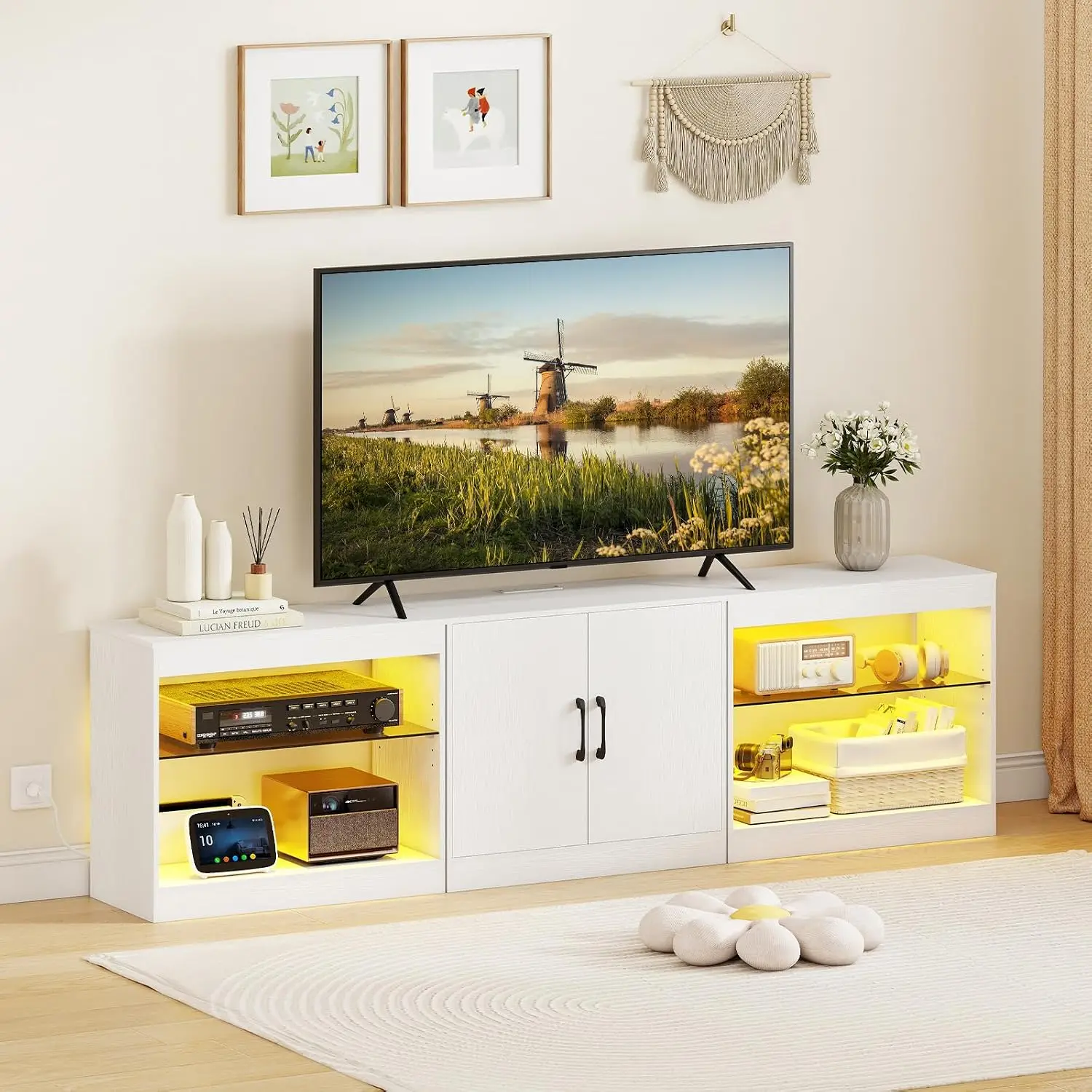 LED TV Stand For 85 Inch TV, Entertainment Center With Power Outlets & Remote, Adjustable Shelves & Cable Hole, Customized