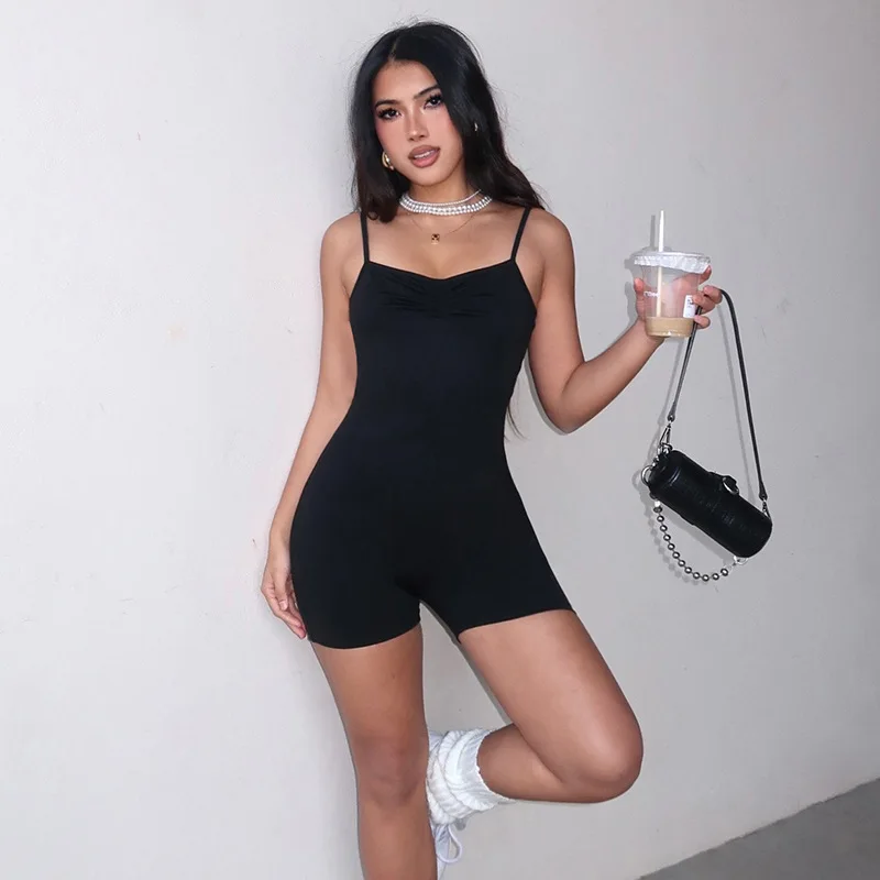 女性ソリッドブラックフィットネスヨガスキニー & ロンパースシャーリングローネックスパゲッティストラップ背中の開いたピーチヒップスリムカジュアルストリートロンパース