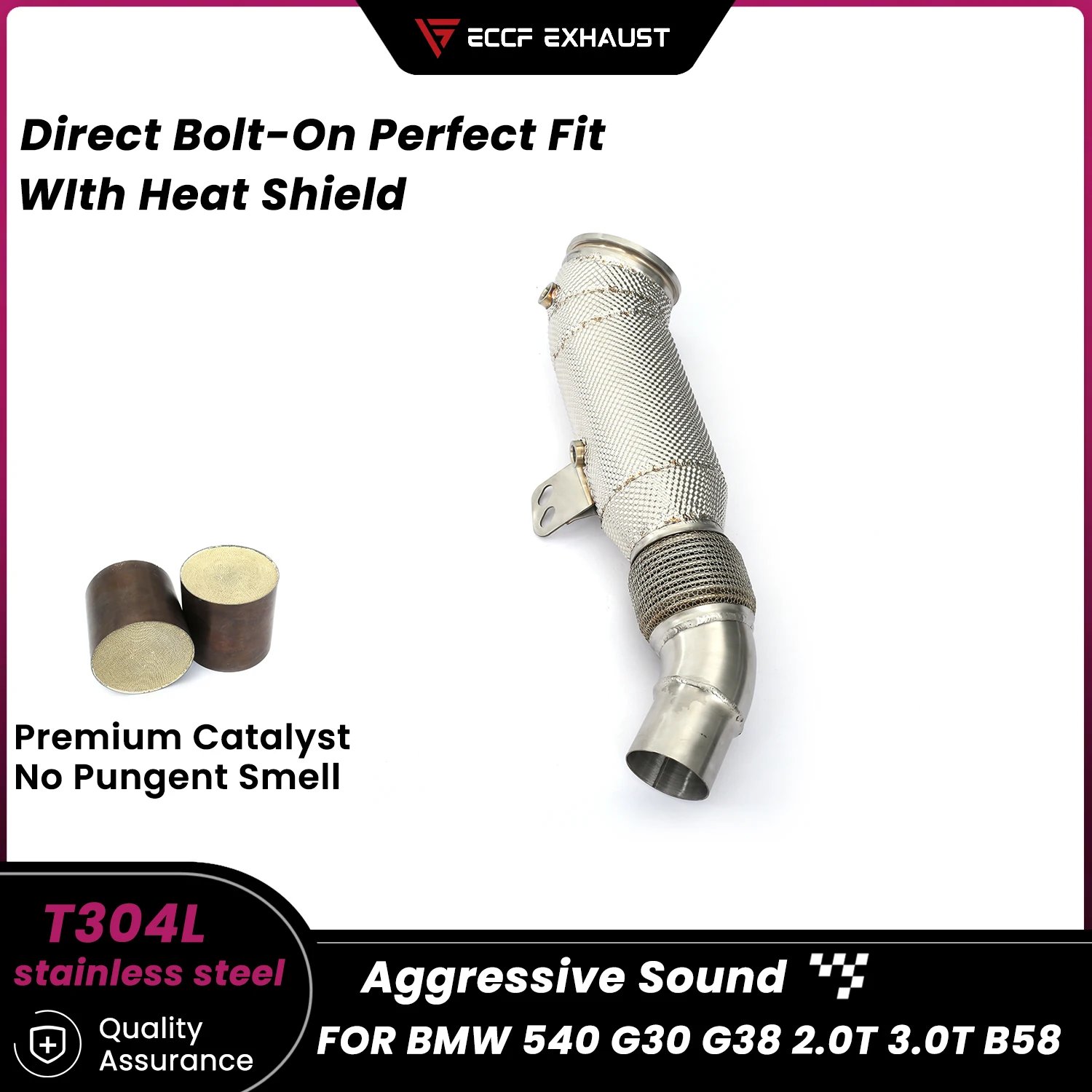 

Sporty Downpipe With Heat Shield For BMW 540 G30 G38 2.0T 3.0T B58 Aggressive Exhaust Sound High Flow Performance Upgrade