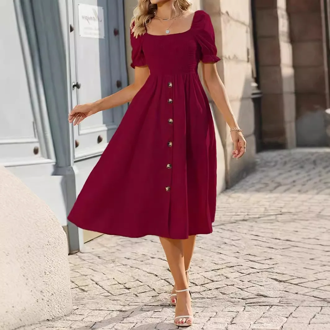 Elegant Women's Short Sleeved Midi Dress 2024 Summer Green Button Up Long Dresses Lange Jurken Vestidos Dama Robe Femme