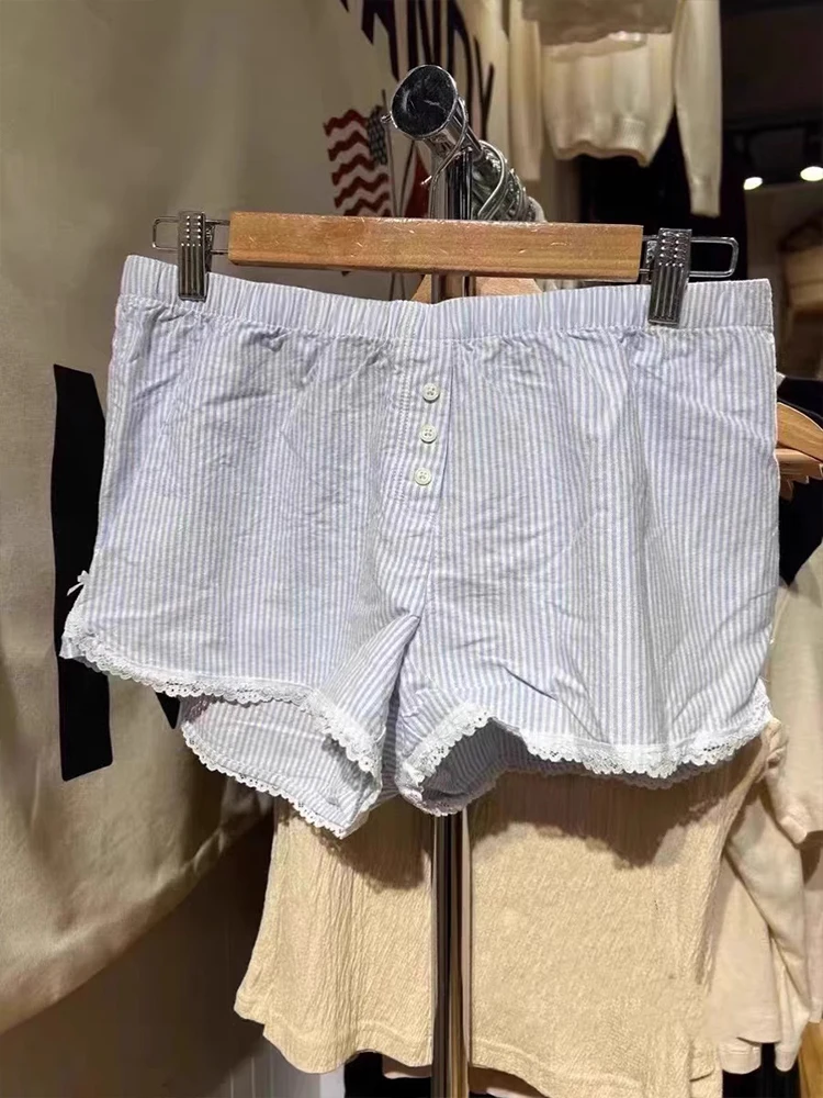 

Korean Sle Lace Trim Striped orts Women's Casual Loose Elastic Waist Home Clothes Can Be Worn outside Summer Spwear